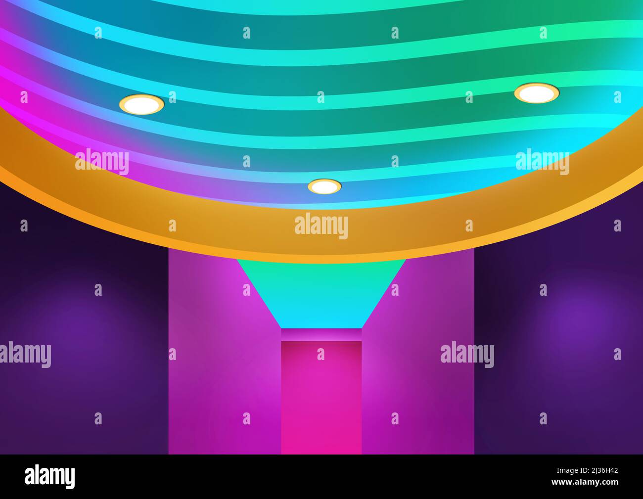 Illustrazione di un'illuminazione a soffitto colorata che utilizza una striscia luminosa a LED e un design interno con faretti Foto Stock