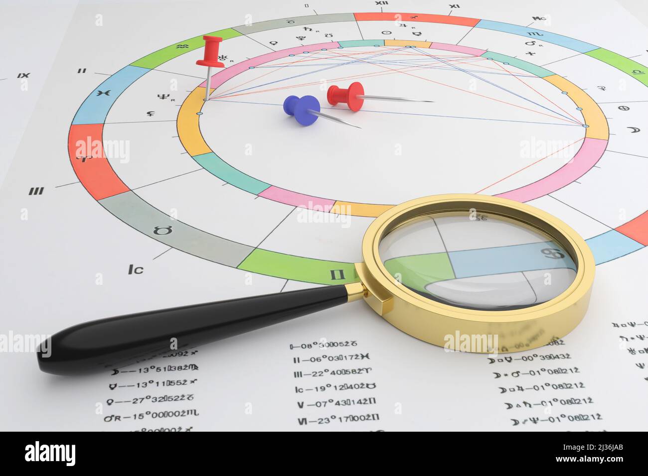 Grafico astrologico sul posto di lavoro di un astrologo. 3D rendering. Foto Stock