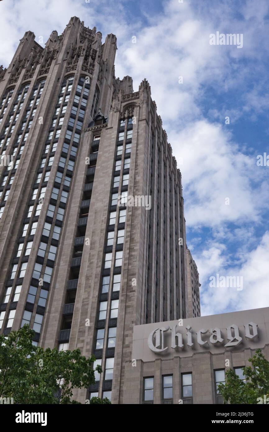 Tribune Tower con lettere Chicago Foto Stock