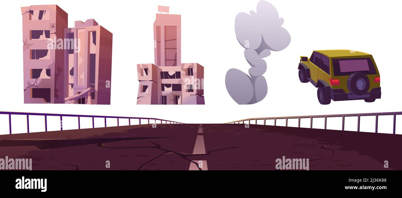 Edifici distrutti della città, vecchia strada incrinata, nuvole di fumo e auto isolata su sfondo bianco. Vettore cartoon set di abbandonate case rotte dopo la guerra Illustrazione Vettoriale