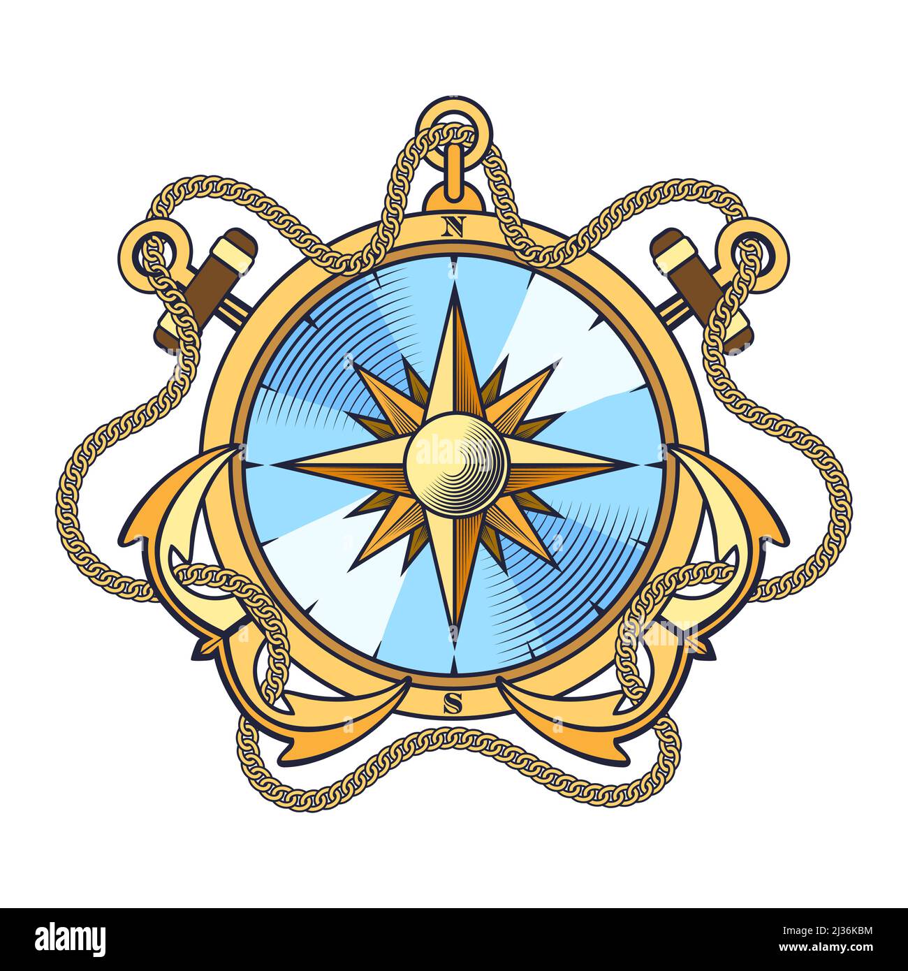 Navigazione nautica Bussola e ancore con catene emblema isolato su bianco. Illustrazione vettoriale. Illustrazione Vettoriale