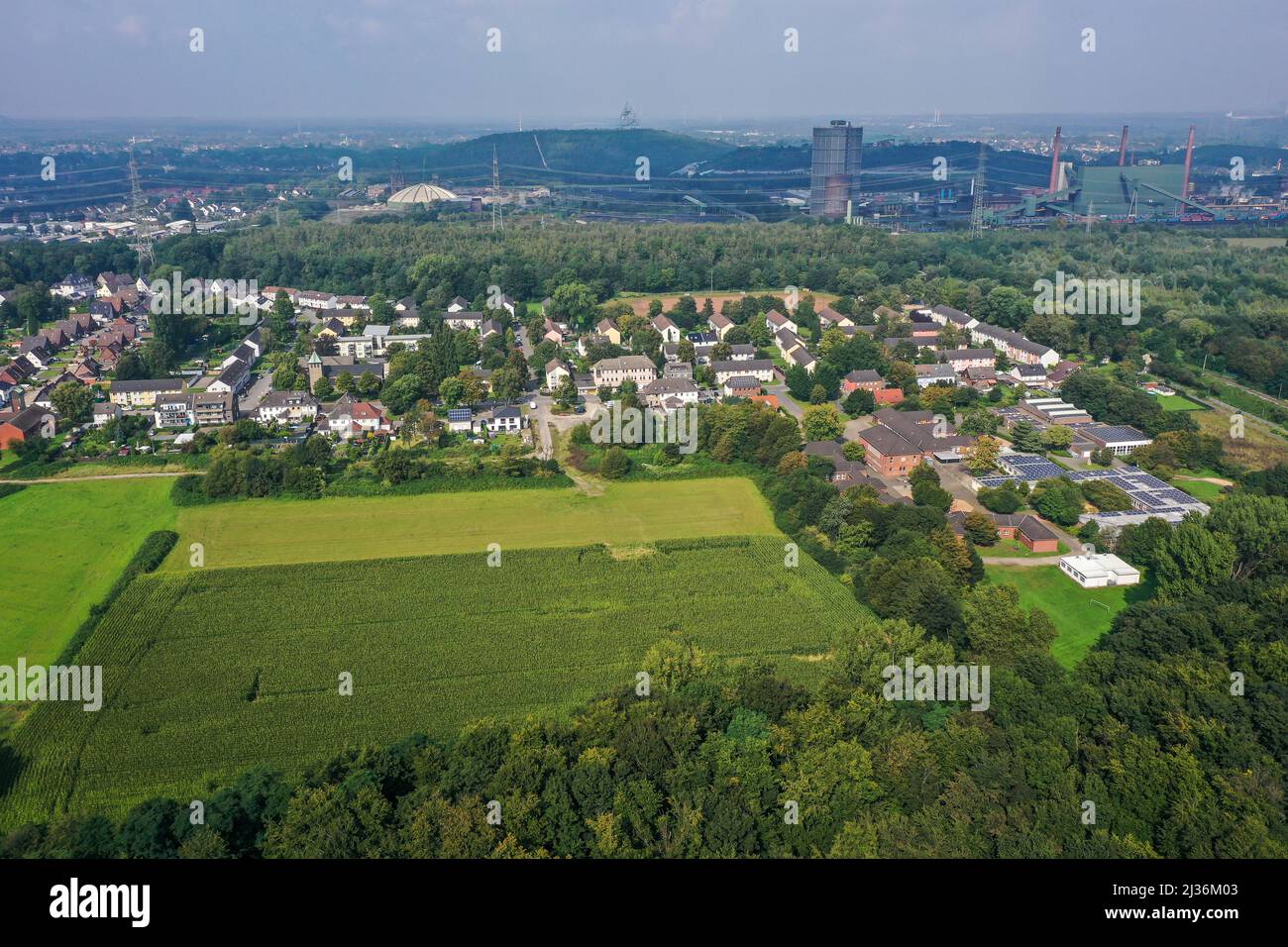 Bottrop, Renania Settentrionale-Vestfalia, Germania - Bottrop panoramica della città. Nella parte posteriore destra impianto di coking ArcelorMittal Bottrop. Nella parte posteriore centrale il tetrahe Foto Stock