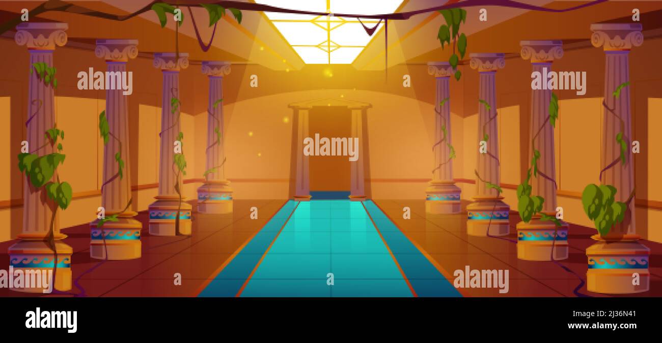 Antico palazzo greco con colonne e viti d'edera. Vector Cartoon interno di antico tempio romano con colonne, finestre a soffitto, liana e climbin Illustrazione Vettoriale
