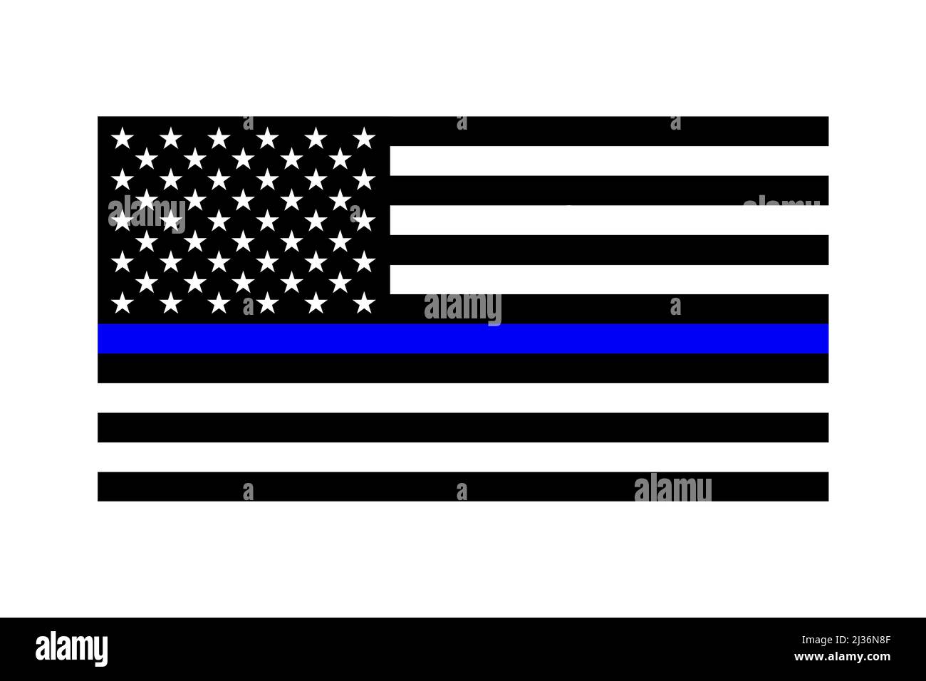 Illustrazione piatta con isolamento vettoriale. Bandiera USA con stelle e strisce. Bandiera Nazionale americana in bianco e nero e sottile linea blu. Suppor della polizia Illustrazione Vettoriale
