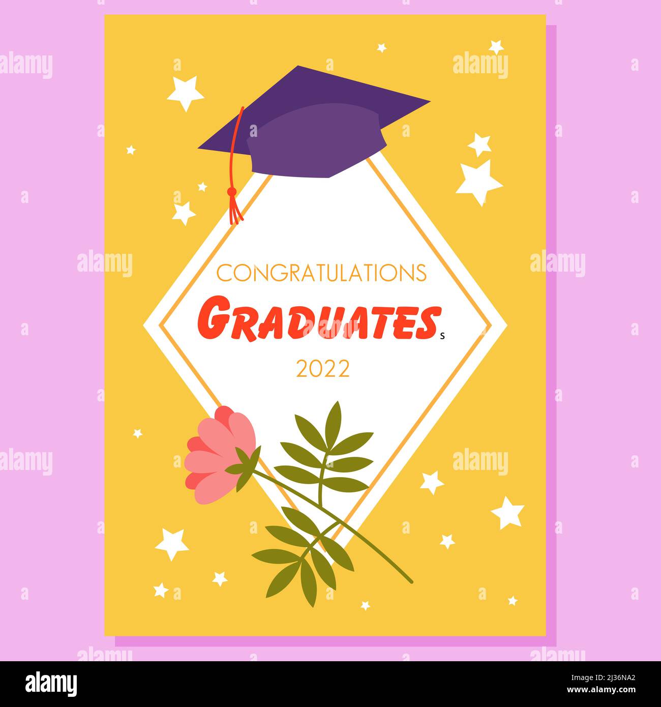 Congratulazioni, laureati 2022, invito biglietto di auguri design con fiore, cappello graads Illustrazione Vettoriale