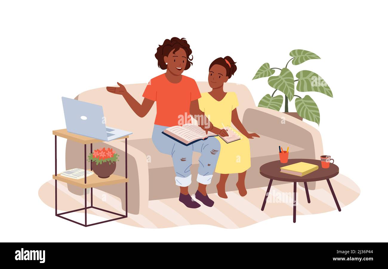 Madre che insegna figlia all'interno della stanza di casa, donna e ragazza seduta sul divano per studiare Illustrazione Vettoriale