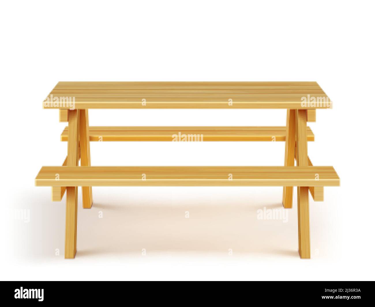 Tavolo da picnic in legno con panche, mobili in legno per barbecue all'aperto, tavolo da giardino isolato su sfondo bianco. Oggetto di disegno grafico, attrezzatura per Illustrazione Vettoriale