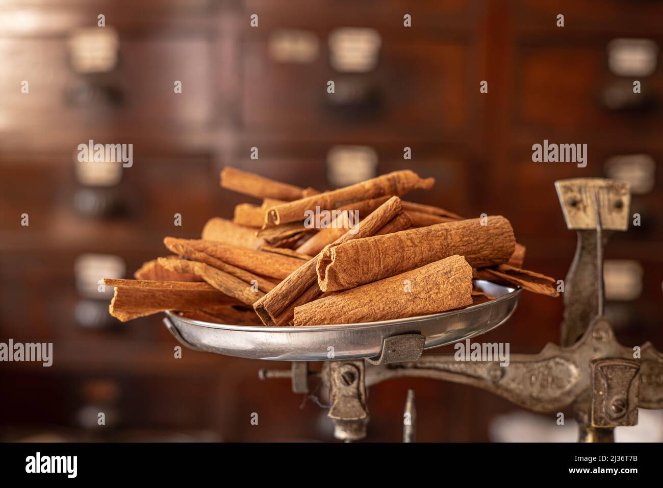 Rotolo di bastone Cinamon asiatico erbe secche e aroma di cibo da corteccia di albero messo a scala di peso in negozio di medicina cinese. Foto Stock