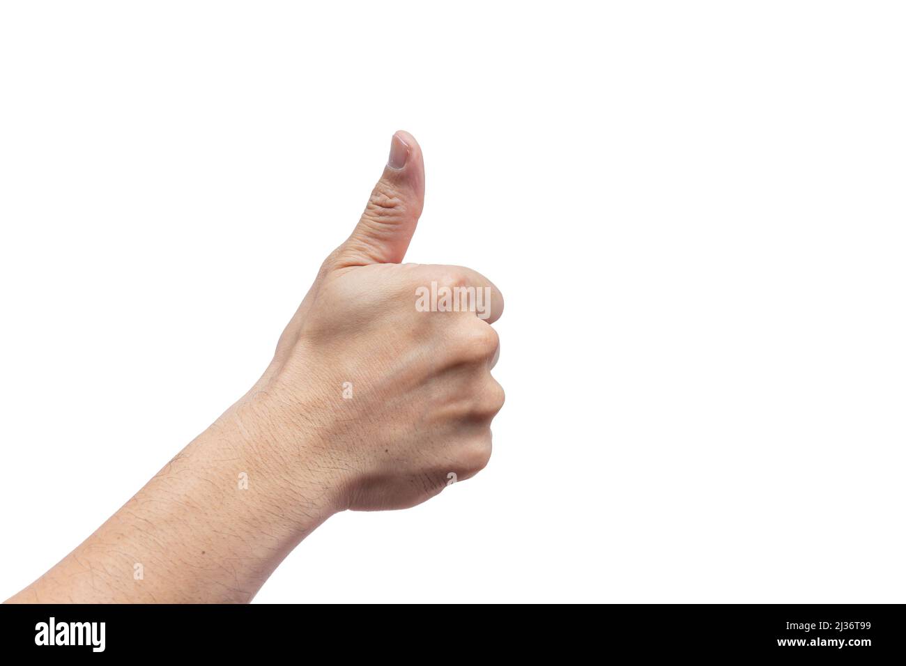 la mano appone i pollici come un buon gesto di passaggio approvato isolato su sfondo bianco. Foto Stock