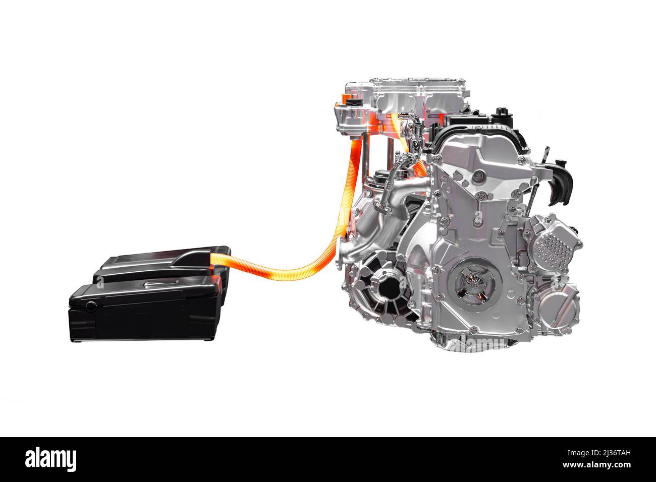 Motore auto veicolo elettrico ibrido, assistenza motore elettrico sistema motore a combustione interna isolato su sfondo bianco. Foto Stock