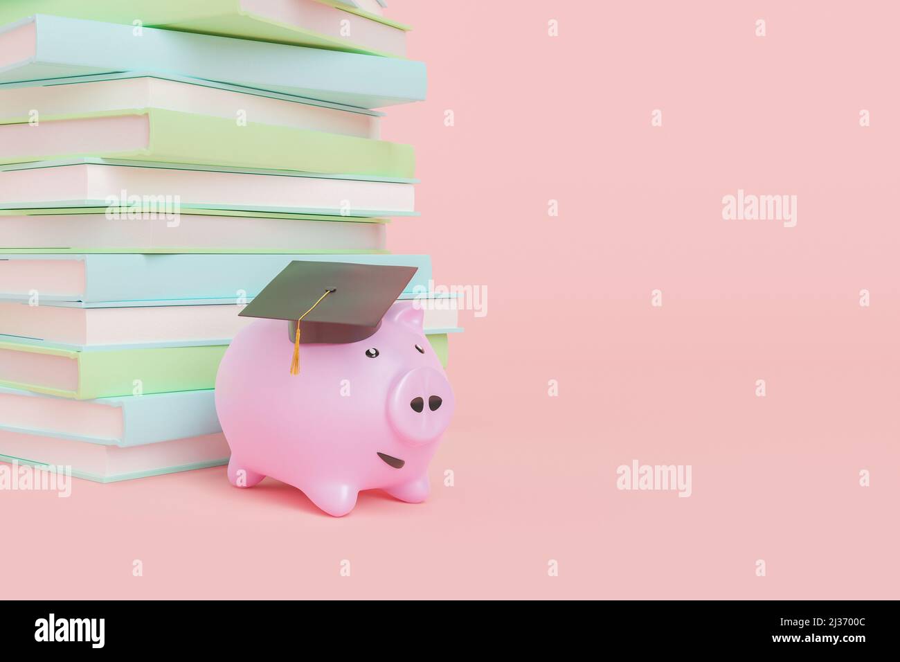 3d illustrazione della banca sorridente del piggy nel cappuccio di graduazione vicino al mucchio dei libri per concetto di risparmio di soldi e di istruzione isolato su sfondo rosa chiaro Foto Stock