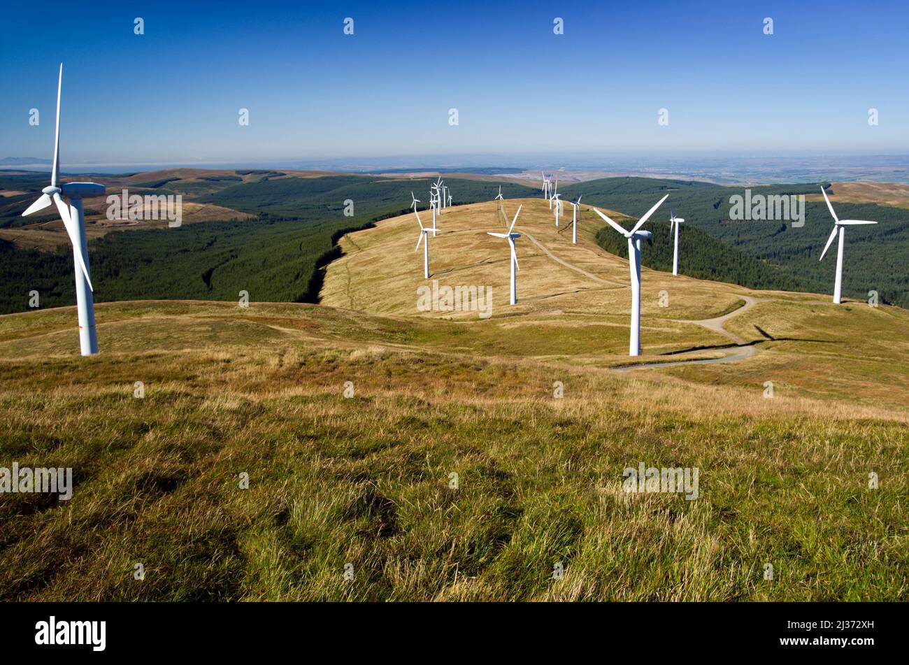 Una vista dalla cima del Windy Standard vicino a Glen Afton nell'Ayrshire orientale, Scozia. Foto Stock