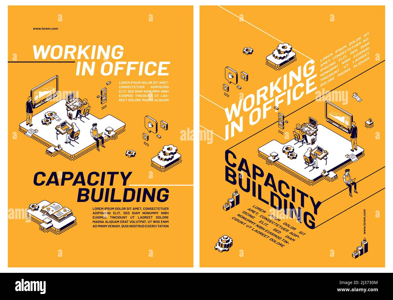 Costruzione di capacità lavorando in ufficio. Poster con persone che migliorano le competenze e le conoscenze insieme. Volantini vettoriali con spazio di lavoro isometrico Illustrazione Vettoriale