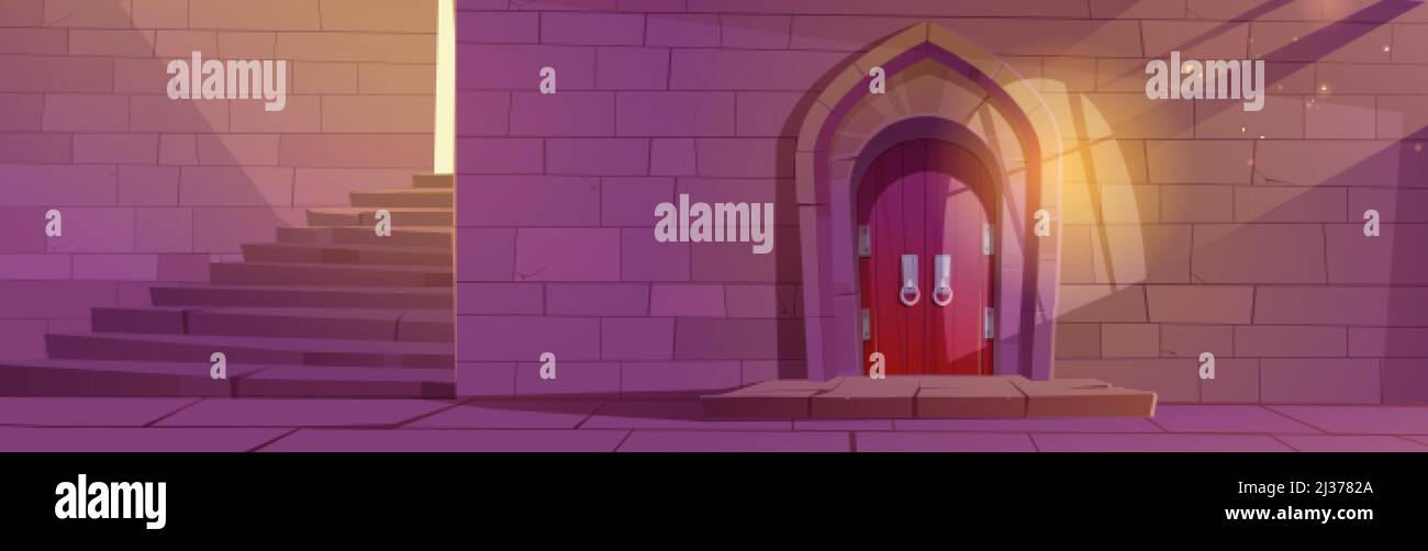 Prigione medievale o interno del castello con porta ad arco in legno, scale in pietra e muro di mattoni, ingresso al palazzo con luce solare cadere attraverso finestre sbarrate. Fa Illustrazione Vettoriale