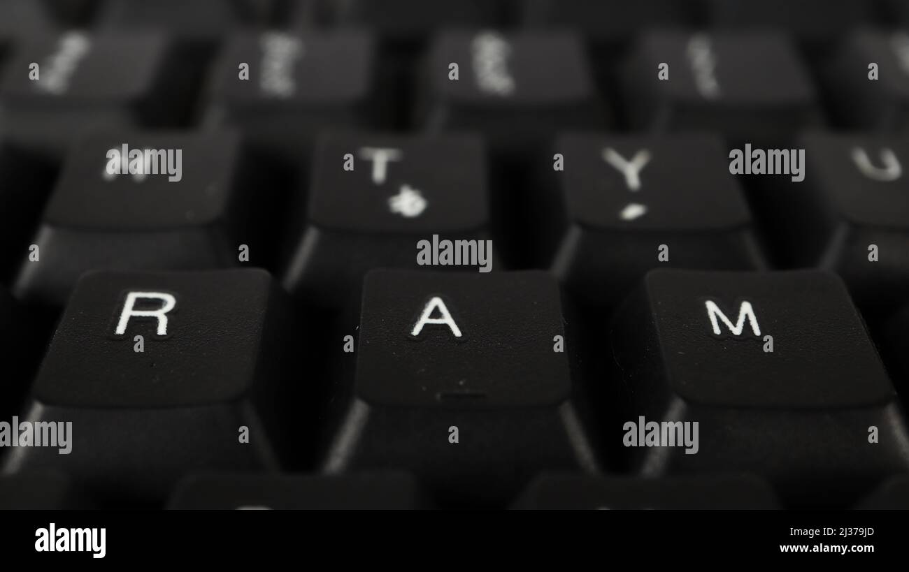Testo RAM creato con i tasti della tastiera, la terminologia del computer, le lettere di RAM bianche sulla tastiera nera Foto Stock