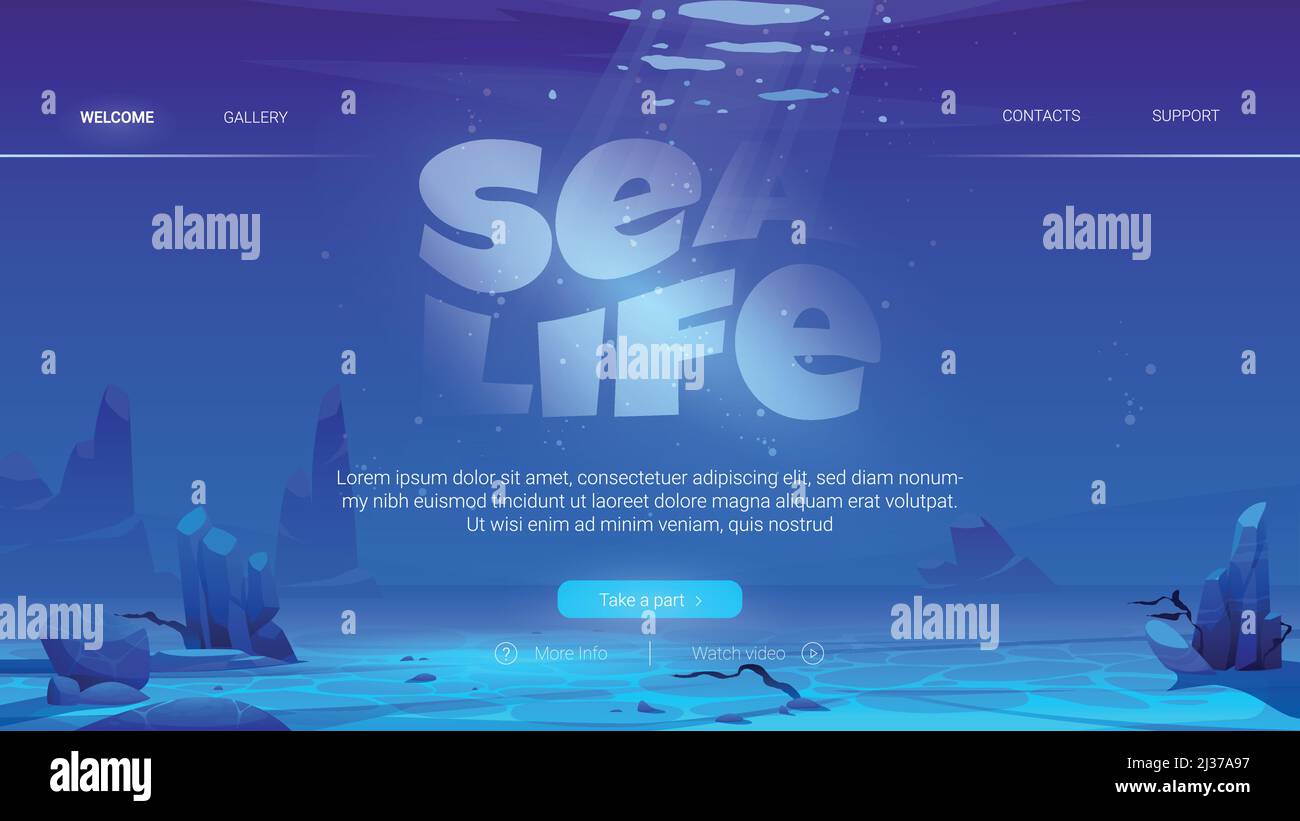 Sea LIFE cartoon Landing page con oceano sfondo subacqueo. Fondo sabbioso vuoto con rocce e bolle d'aria che galleggiano al fascio di luce solare che cade da a. Illustrazione Vettoriale