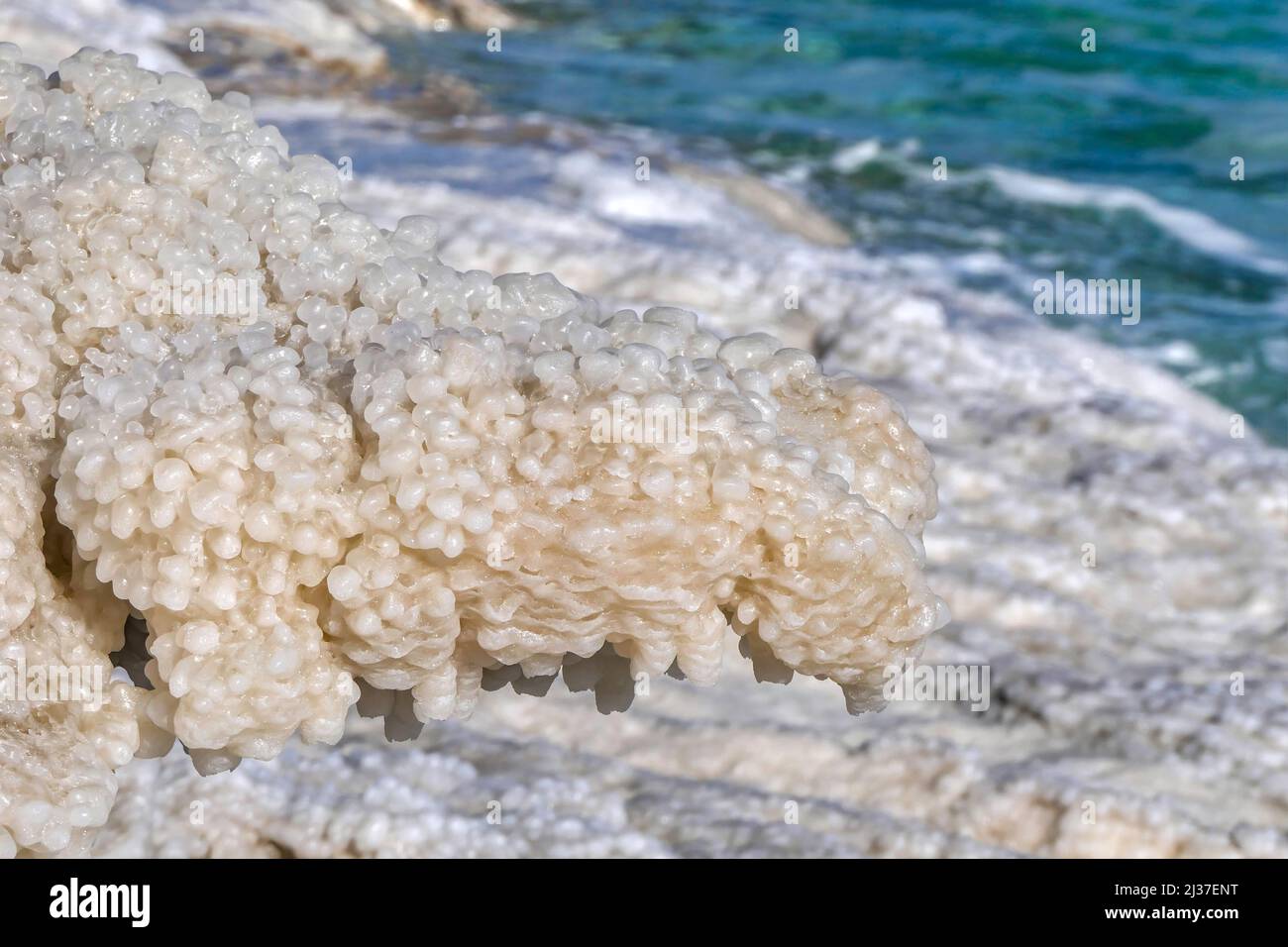 I cristalli di sale rotondi del Mar Morto si avvicinano ai raggi del sole. Israele Foto Stock