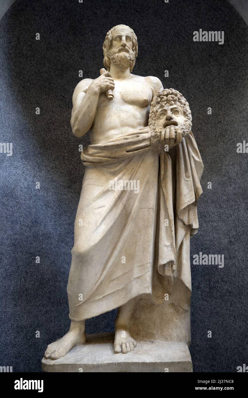 scultura in marmo antico, scultura romana, statua in dettaglio poeta delle tragedie Foto Stock