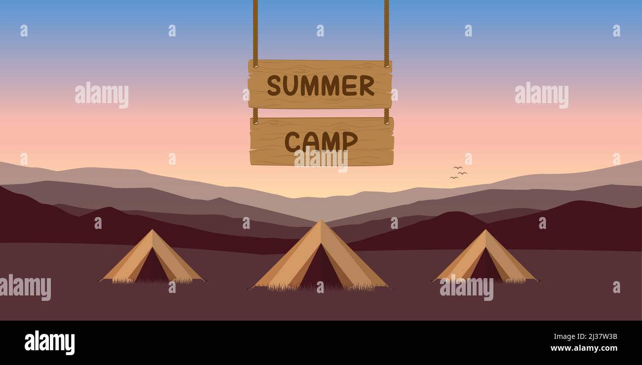 estate campo vacanza design tenda sul prato con vista montagna Illustrazione Vettoriale