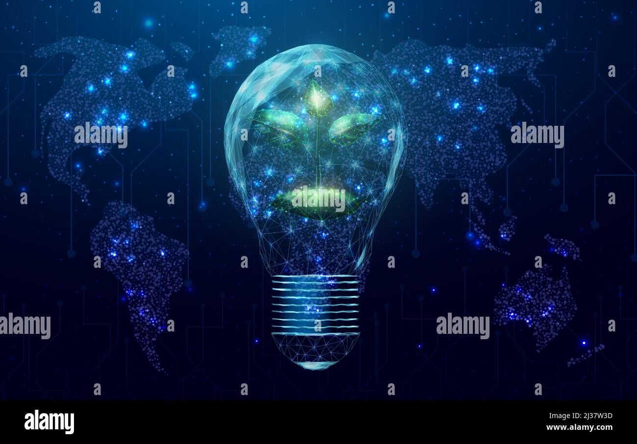 Pianta poligonale wireframe in un bulbo luminoso. Concetto di ecologia a risparmio energetico con impianto a basso contenuto di poli luminoso in bulbo. Sfondo astratto moderno futuristico. Ve Illustrazione Vettoriale
