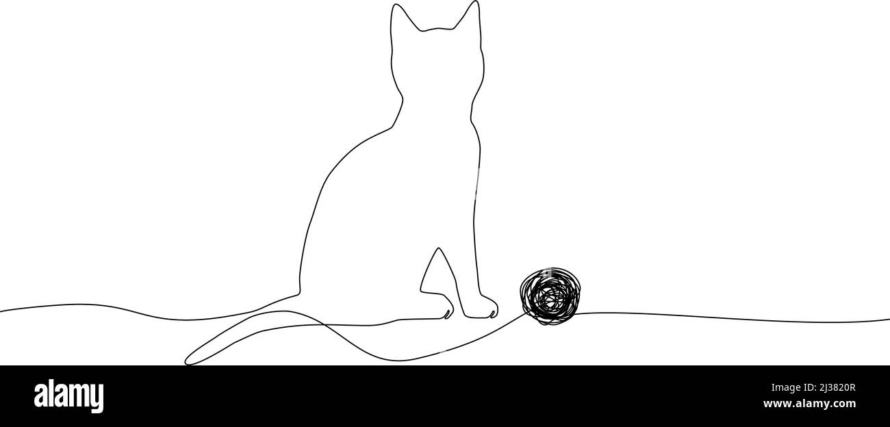 disegno a linea di sinusale di un gatto con palla di lana, illustrazione vettoriale a linea continua Illustrazione Vettoriale