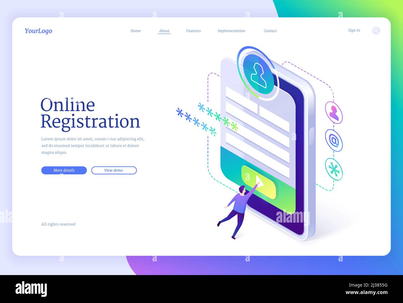 Pagina di destinazione isometrica per la registrazione online. Piccolo uomo che si iscrina o accede a un account Internet su un enorme smartphone con interfaccia app sullo schermo. Fissare un Illustrazione Vettoriale