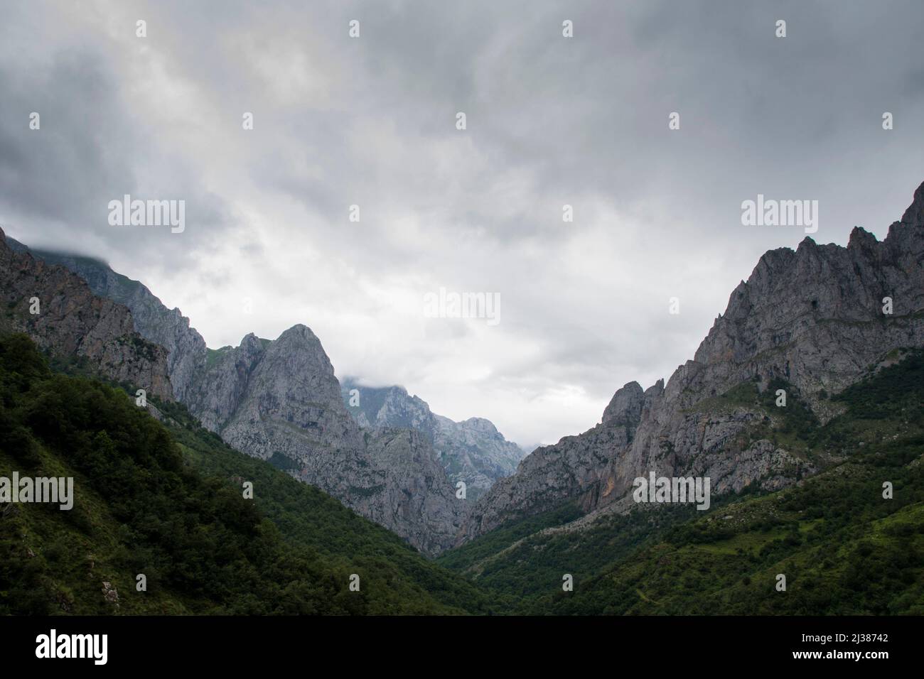 Imponenti e maestosi picchi di calcare si erigono alti tra la nebbia e le nuvole che passano Foto Stock