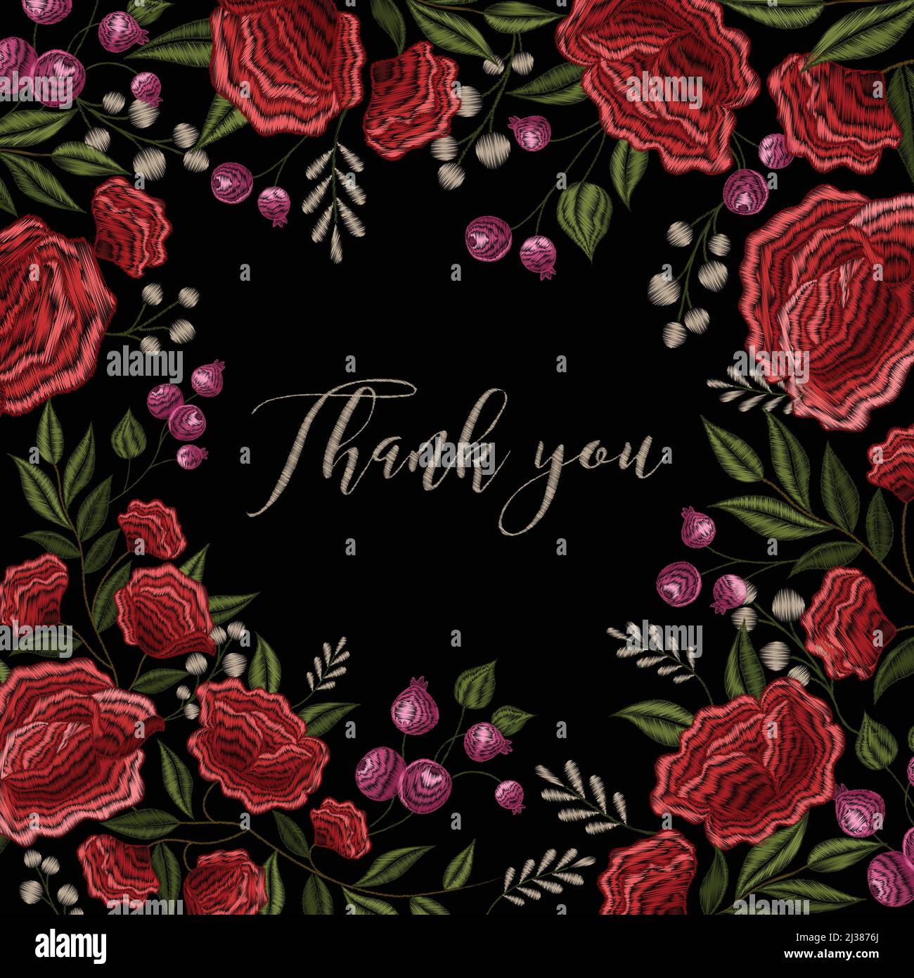 Rose rosse su sfondo nero motivo decorativo floreale ricamo cornice progettare con la scritta grazie illustrazione vettoriale Illustrazione Vettoriale