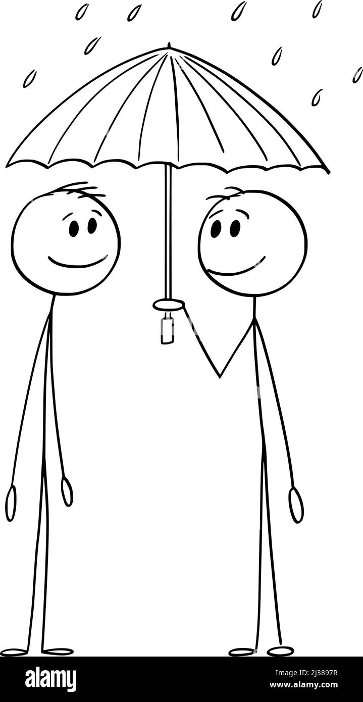 Due persone che condividono la protezione dell'ombrello sotto la pioggia, Vector Cartoon Stick Figure Illustration Illustrazione Vettoriale
