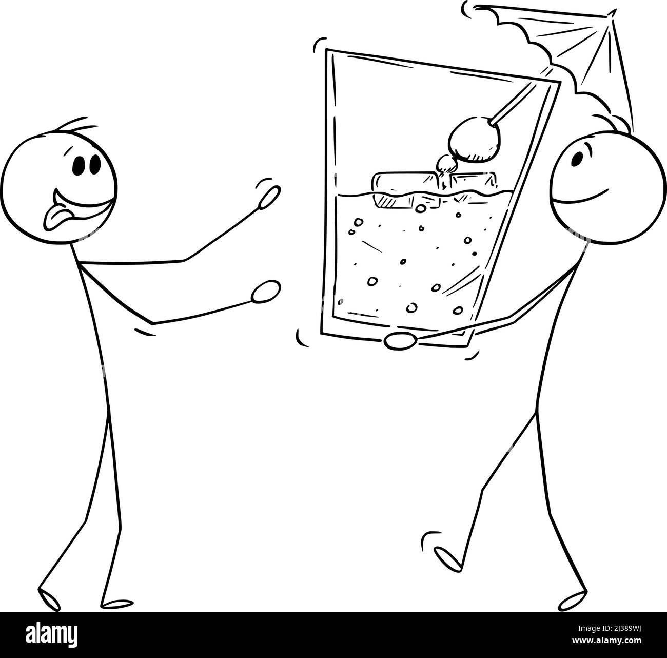 Persona o cameriere che tiene grandi bevande alcoliche bicchiere con cocktail, Vector Cartoon Stick Figure Illustrazione Illustrazione Vettoriale
