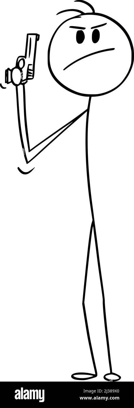 Secret Service Agent o poliziotto con pistola a mano, Vector Cartoon Stick Illustrazione Illustrazione Vettoriale