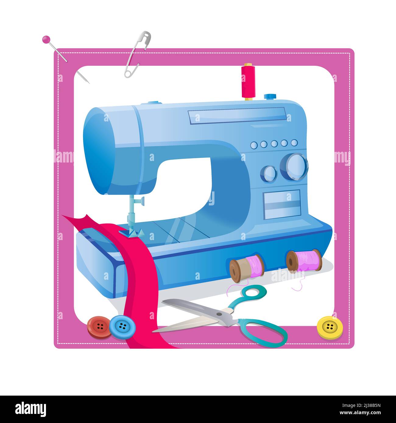 Una cornice con accessori per cucire e maglieria. Strumenti da cucire moderna macchina da cucire elettronica, un pincushion con aghi, bottoni e fili. Illustrazione Vettoriale