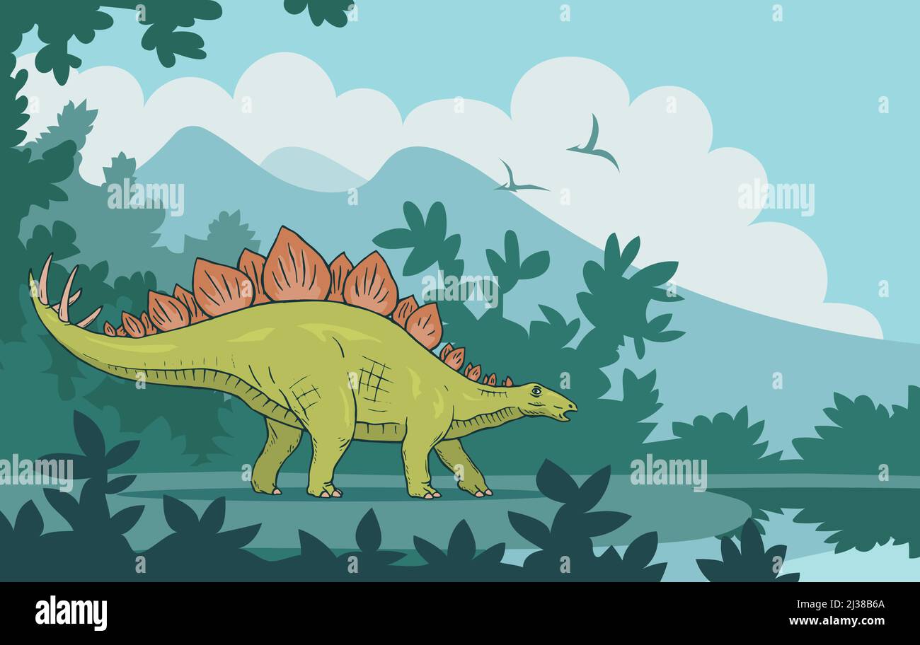 Erbivoro stegosaurus sullo sfondo di un'antica foresta. Un dinosauro forte con punte sulla coda. [ Lucertola dal periodo giurassico. Vet Illustrazione Vettoriale