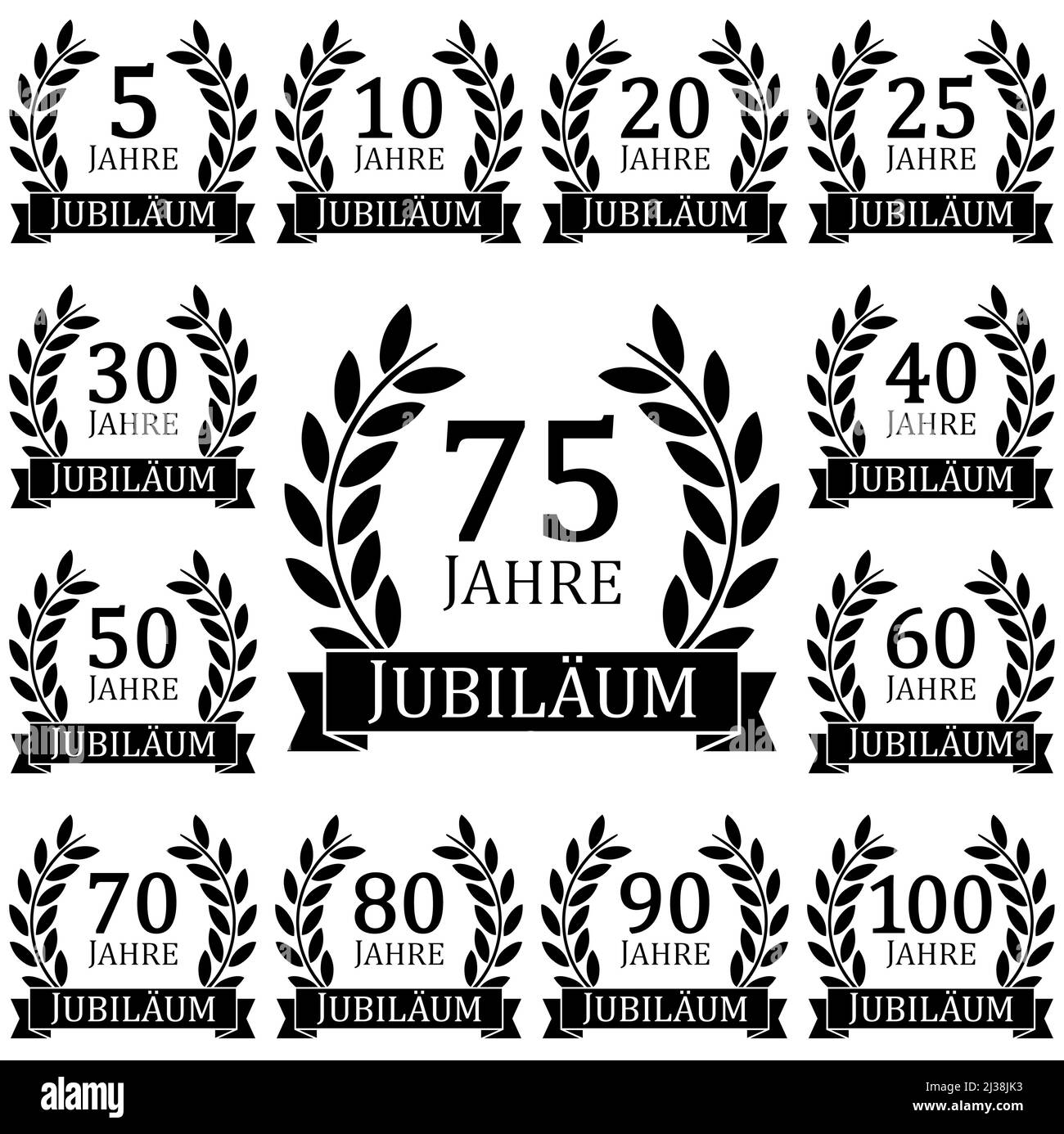 file vettoriale eps con collezione di corona di alloro nera su sfondo bianco per il successo o il giubileo deciso con testo da 5 a 100 anni (testo tedesco) Illustrazione Vettoriale