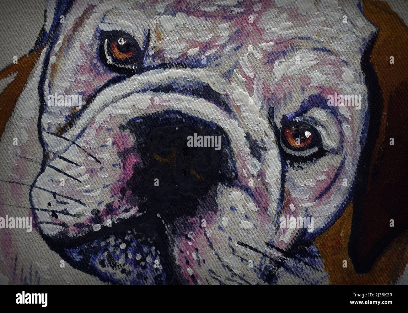 Arte pittura olio colore sorridente carino bulldog , bulldog fissando Foto Stock