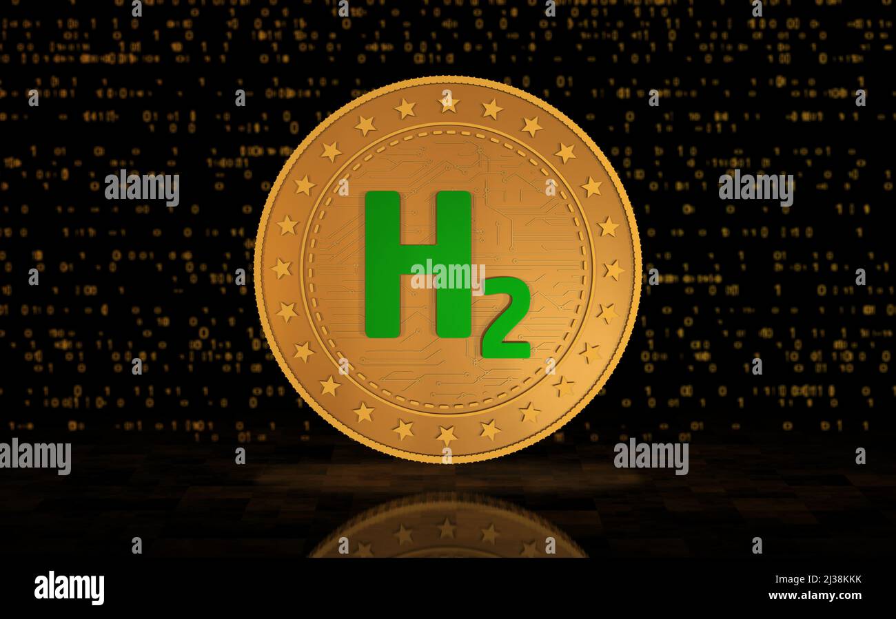 Idrogeno, H2, energia verde rinnovabile e zero emissioni carburante oro moneta su sfondo verde schermo. Illustrazione del concetto astratto 3D. Foto Stock