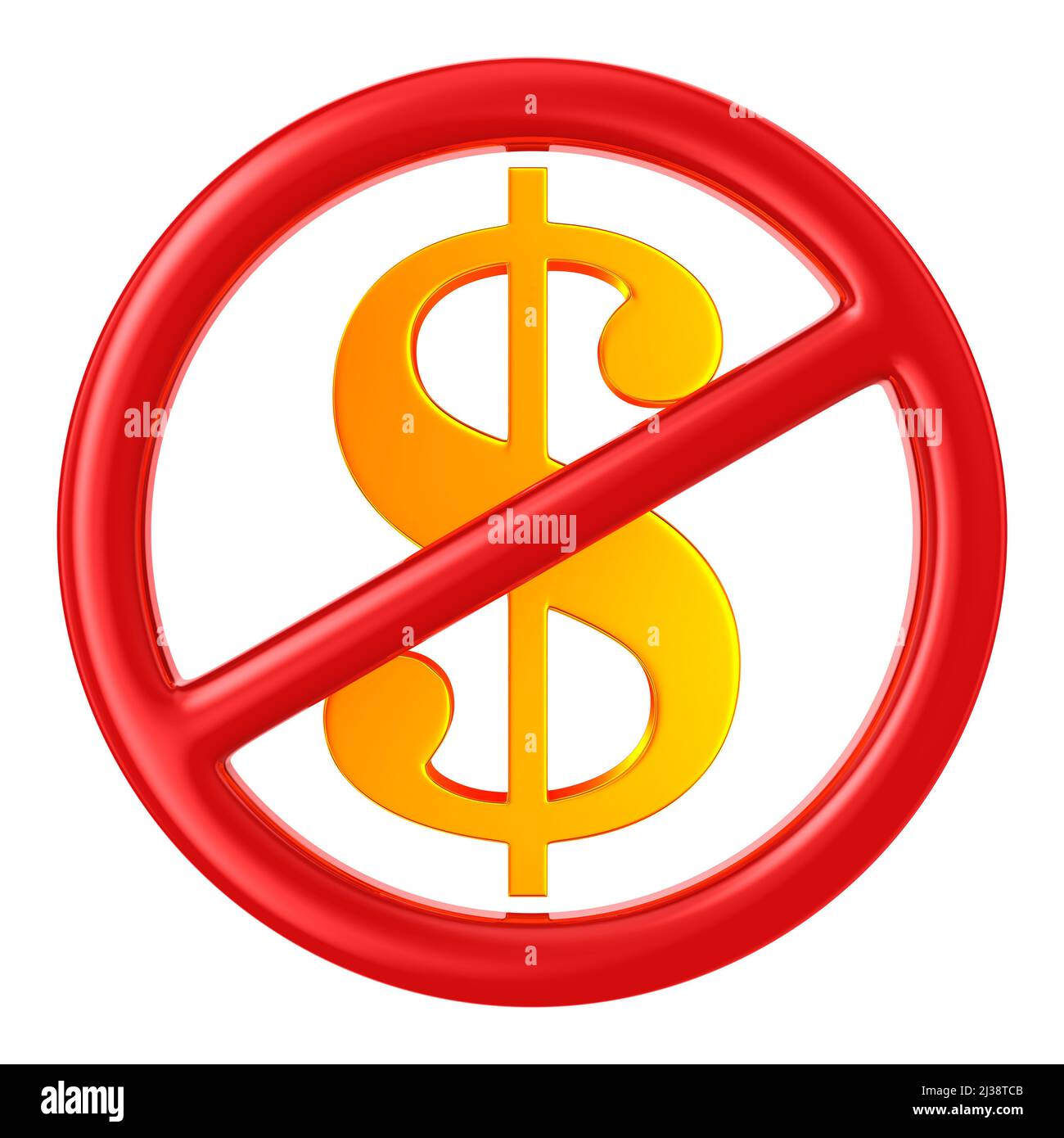 segno vietato e simbolo dollaro su sfondo bianco. Illustrazione 3D isolata Foto Stock