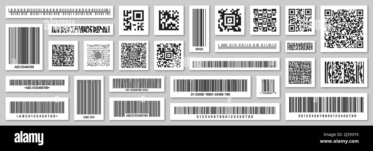 Set di codici a barre e codici QR del prodotto. Codice di identificazione. Numero di serie, ID prodotto con informazioni digitali. Memorizza o scansione supermercato Illustrazione Vettoriale