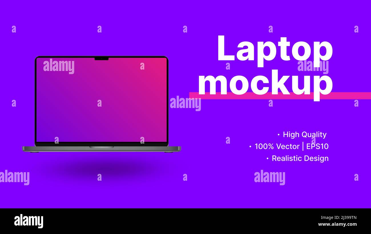 Banner pubblicitario sui notebook. Vista frontale del minicomputer con schermo vuoto Mockup. Promozione minimalistica del sito viola. Illustrazione vettoriale Illustrazione Vettoriale