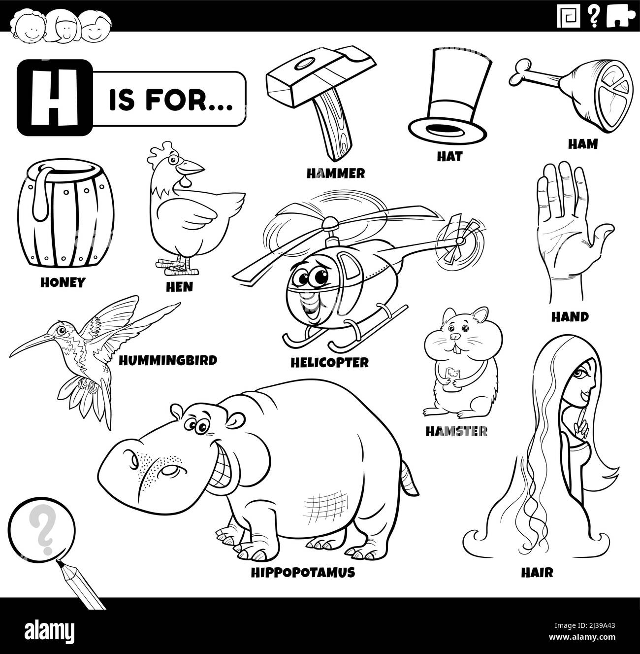 Illustrazione di cartoni animati didattici in bianco e nero per bambini con caratteri fumetti e oggetti impostati per la pagina di libro da colorare lettera H. Illustrazione Vettoriale