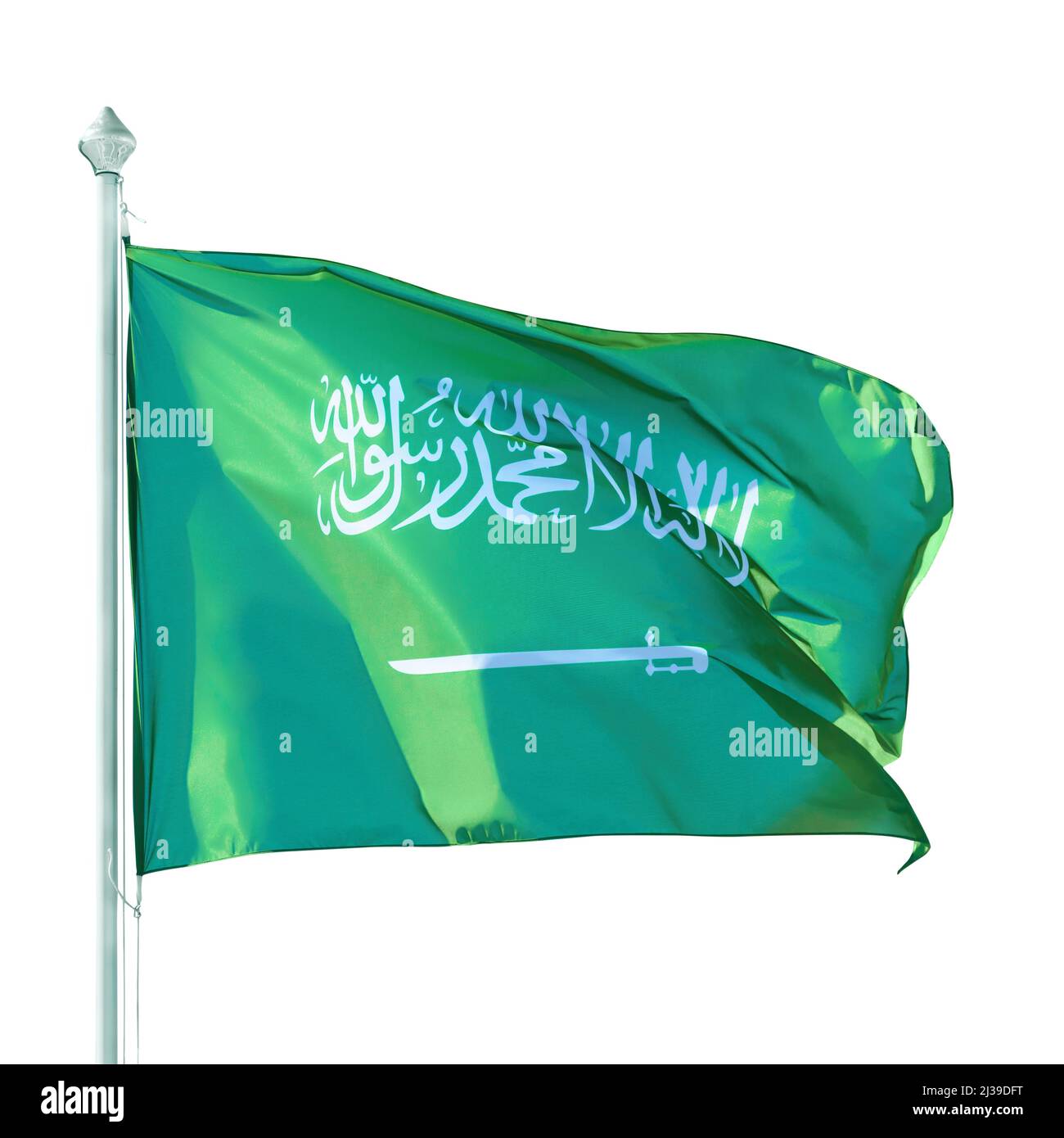 Bandiera dell'Arabia Saudita sul palo. Isolato su bianco, tracciato di ritaglio incluso Foto Stock