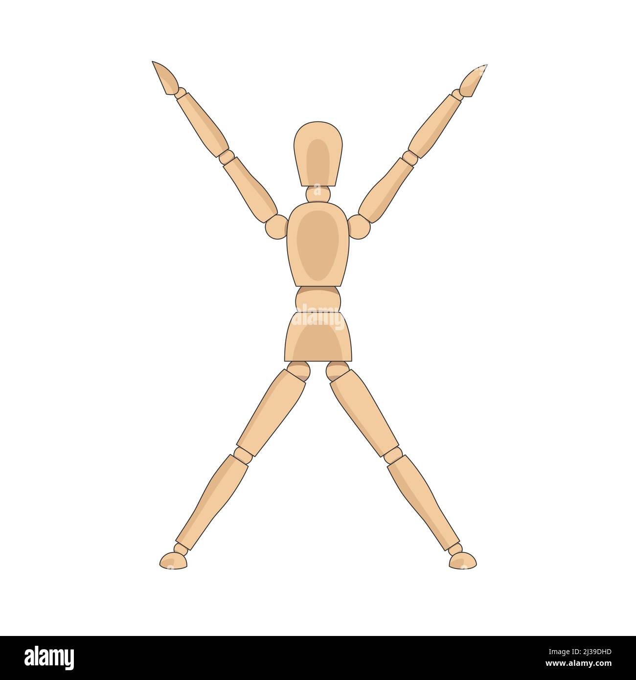 Modello uomo in legno, manichino per disegnare il corpo umano jumping jacks o stella posa. Mannequin controllo fittizio figura vettore semplice illustrazione stock immagine Illustrazione Vettoriale