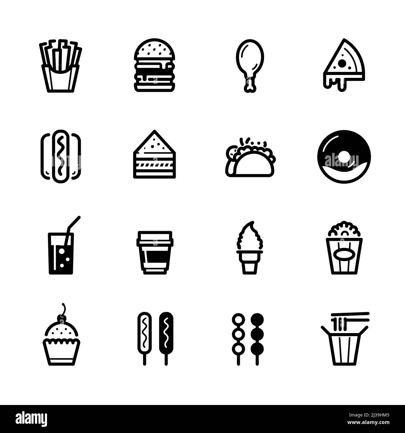 Icone di fast food con sfondo bianco Foto Stock