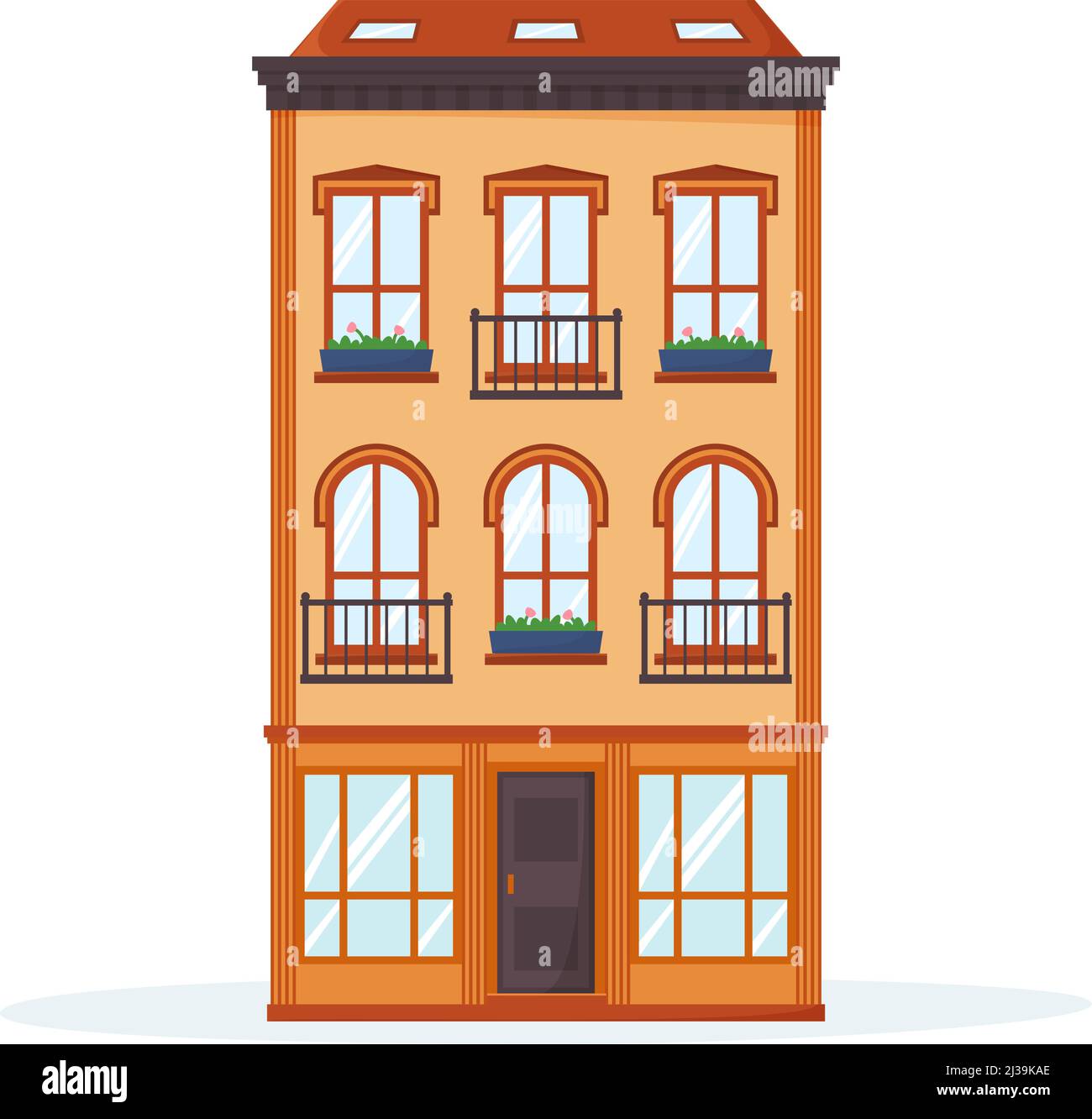 Facciata europea della casa. Vista frontale di un edificio in mattoni vecchio stile con balconi. Bel quartiere esterno. Vettore piatto Illustrazione Vettoriale