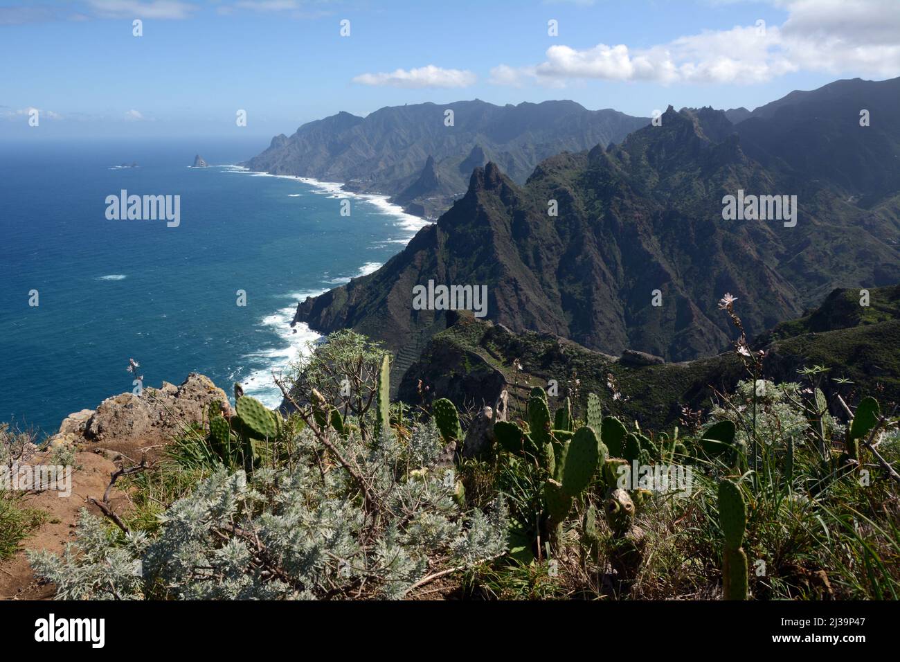 Le montagne di Anaga e l'Oceano Atlantico sulla costa nord di Tenerife, Anaga Rural Park, vicino Taganana, Isole Canarie, Spagna. Foto Stock