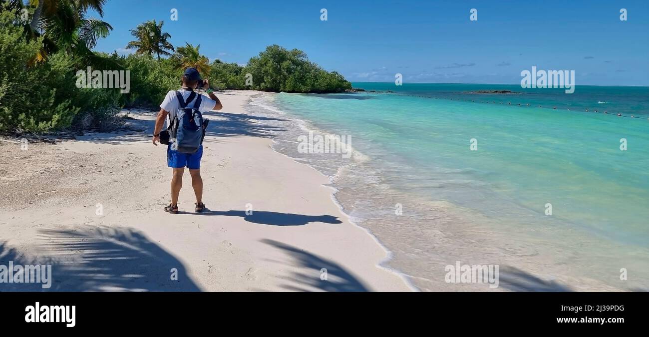 vista posteriore di un fotografo che scatta foto su una spiaggia paradisiaca Foto Stock