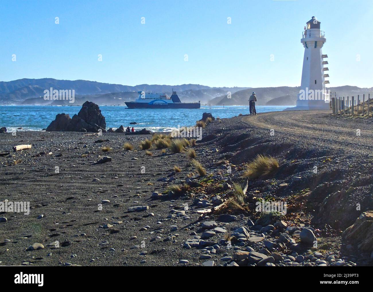 Una ciclista donna si ferma sulla pista accanto al faro a Pencarrow Head per guardare il traghetto interinsulare Bluebridge lasciare Wellington Harbour, Nuova Zelanda Foto Stock