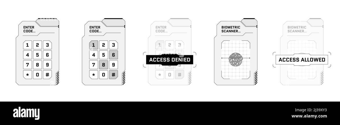 HUD futuristico digitale interfaccia utente Codice PIN set pannello di immissione. Schermi di protezione ad alta tecnologia Sci Fi. Menu di gioco, scansione delle dita e tocco dei numeri sul cruscotto. Tastiera Cyber Space e ID biometrico. Vettore Illustrazione Vettoriale
