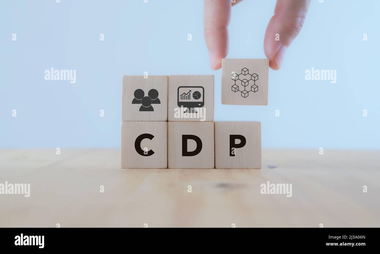 Concetto di Customer Data Platform (CDP). Strumento di marketing vantaggio per il business online. Pianificazione dei dati per la gestione del database dei clienti e accessibile a Othe Foto Stock