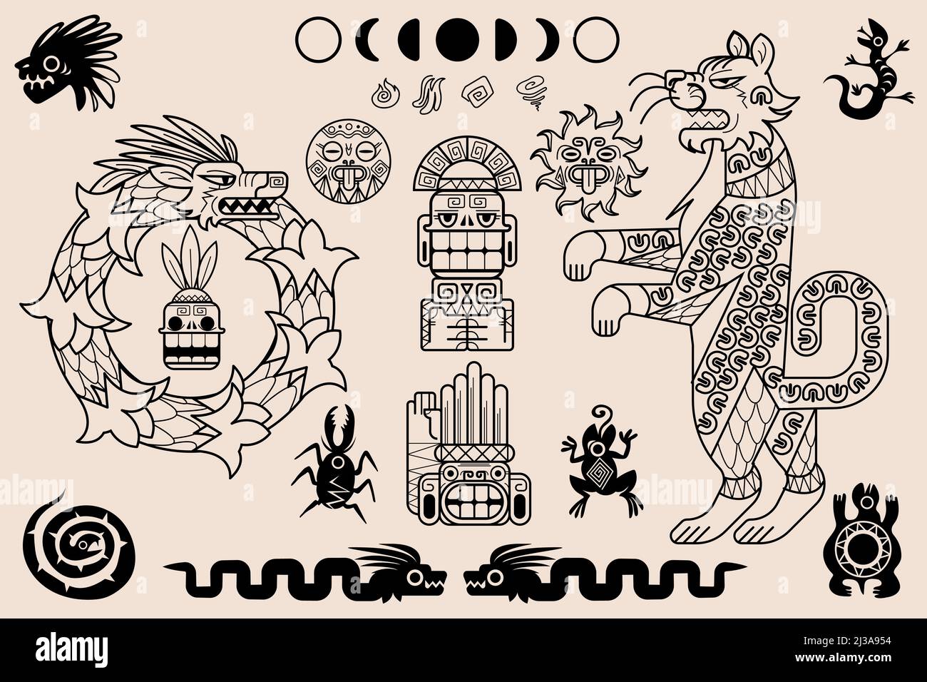 Ornamenti azteco e maya, antichi modelli tribali messicani. Etnico nativo art. Vector Set di tradizionali illustrazioni geometriche messicane indiane con un Illustrazione Vettoriale